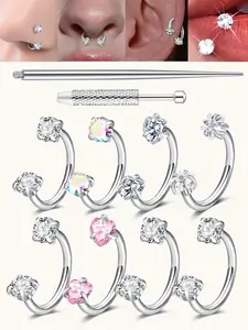 6pcs Heart Star Cz Horseshoe Nose Rings, Internal Threaded Stainless Steel 18gauge 8mm Hoops, Ideal for Nose, Cartilage, Tragus, Helix & Lip Piercings, Nose Piercing Jewelry, Body Jewellery