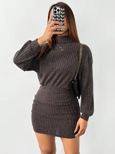 Fashion Casual High Neck Solid Color Mid-Length Dress, Women's Fall & Winter Plain Style, Comfortable and Stylish