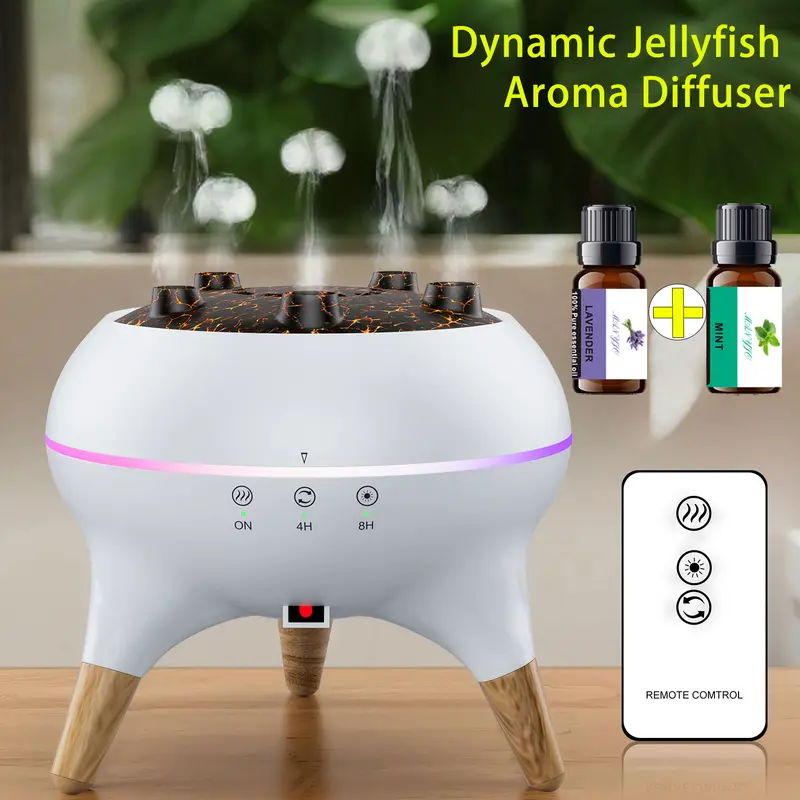 Dynamic Multi-Spray Aromatherapy Machine Desktop Flame Humidifier Household Large Fog Colorful Light with Remote Control Jellyfish Diffuser