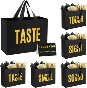 Epoesch 5 Senses Gift Bags for Him With Labels And Tissue Paper,12.6"X8.7"X4" Sight Smell Touch Taste Sound Black Medium Size Gift Bag for Men, Birthday, Anniversary, Wedding, Valentine'S Day