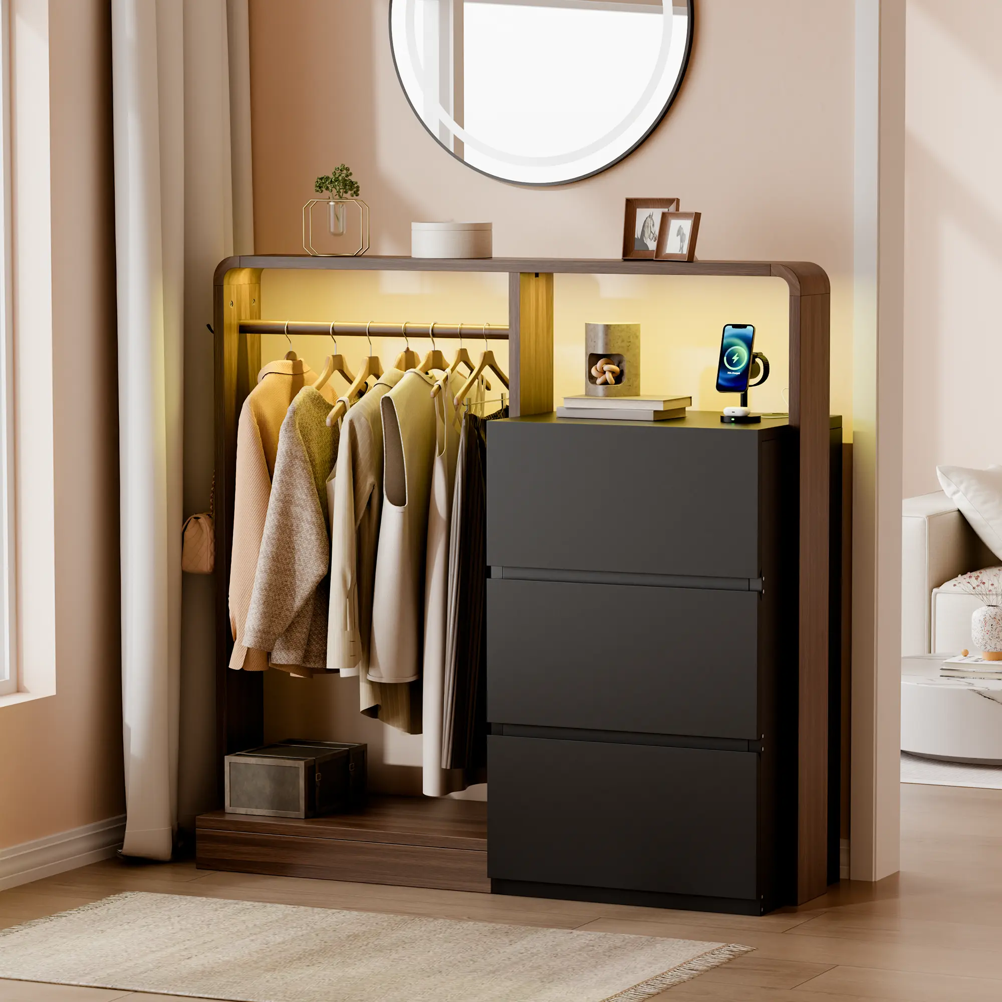 Aowos Dresser for Bedroom with Hanging Closet, 3 Drawers Dresser with LED Lights & Charging Station, 3-in-1 Wooden Storage Chest of Drawers for Bedroom, Entryway Table, Black with Brown
