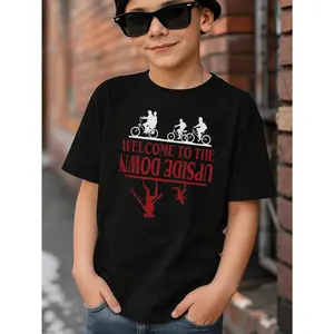 Young Boy's "Welcome to the Upside Down" Bike Silhouette Cool Mirror World Adventure Graphic Cotton T-Shirt For Young Boys, Black 100% Cotton T-shirts With Welcome to the Upside Down Theme Stranger Style Up Side Down Things/67 MEME Shirt, Funny MEME 67 Tw