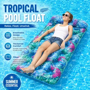 Inflatable Pool Float Mat for Adults, Leaf Print Design with Headrest and Hole Bottom, Oversized Lake Float Raft, Durable PVC Pool Float Mat, Heavy Duty Water Lounger for Tanning and Relaxation, Portable Summer Floating Mat, for Swimming Pool and Beach