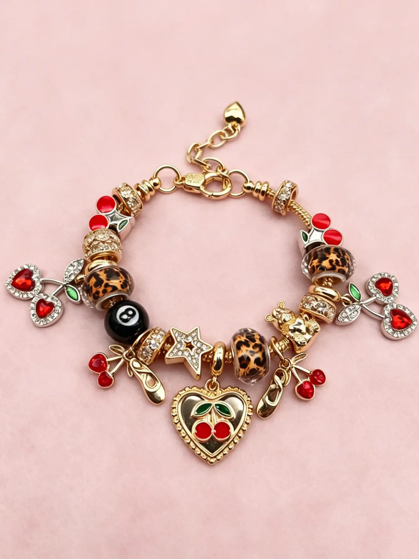 Sexy Leopard Print Rhinestone Cherry Pendant Bracelet, Star & Heart & Leopard & Bear & Eight Charms, Women's Daily Jewelry Gift, Metal Bracelet, Heart Design Bracelet