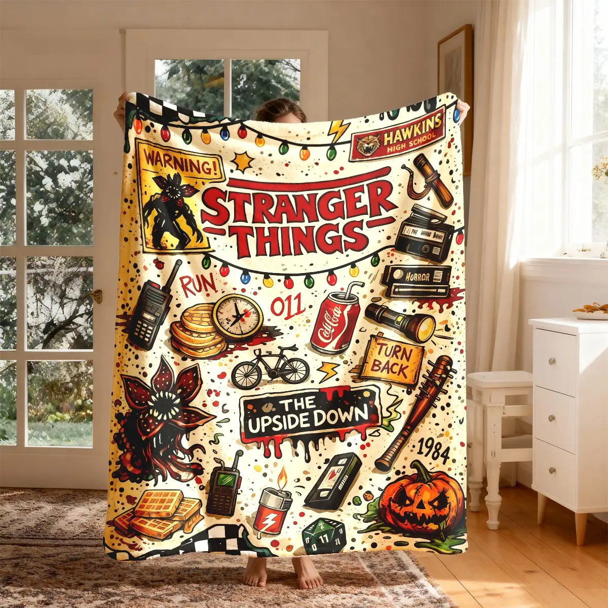 Stranger Things Retro American Graffiti Theme Fleece Blanket, Large Size Soft Lightweight Warm Blanket for All Seasons, Perfect for Bed Sofa Office Camping Travel Gift, Blanket Gifts