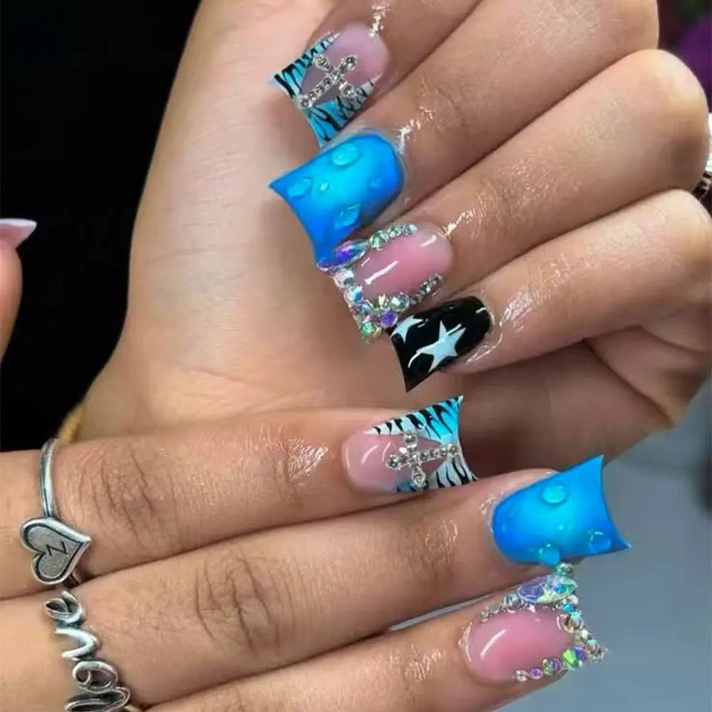24pcs Y2K Long Duck Paw French Press-On Nails, 3D Gel French, Alloy Cross, Rhinestone Decor, Glittering Fake Nails, Acrylic False Nails Set, Nail Art Design, Includes Jelly Glue & Nail File