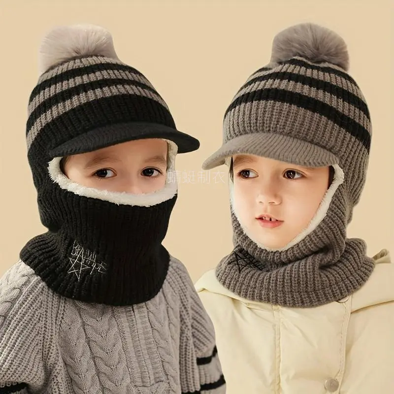 Kids' Knitted Balaclava Beanie - 1pc Child-Sized Hat for 6+ Boys & Girls (6-7 Years), Thick Ear Protection, Cute Cartoon Design, Lightweight Warmth, UPF 50+ UV Sun Protection, Ideal for Daily Outings, Hiking