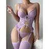 4 Piece Lace Lingerie Set Cut Out Underwired Corset Top with Thong Stocking