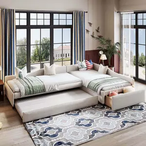 L Shaped Bed Twin Upholstered Platform Bed Double Twin Size Daybed with Trundle and Drawer, No Box Spring Needed, Beige