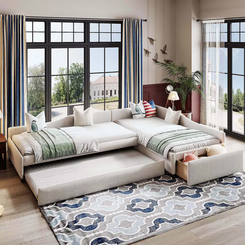 L Shaped Bed Twin Upholstered Platform Bed Double Twin Size Daybed with Trundle and Drawer, No Box Spring Needed, Beige
