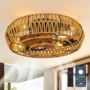 19" Caged Ceiling Fans with Lights and Remote, Boho Flush Mount Ceiling Fan with Light, Low Profile Chandelier 6 Speed Bladeless Reversible Ceiling Fan w/ 4 Bulbs. for Living Room Bedroom.