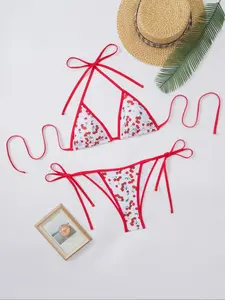 Women's Cherry Print Bikini Set, Casual Fruit Print Swimsuit Set, Swimwear Two-piece Set for Beach Holiday Vacation, Beach Bikinis, Ladies Swimsuit for All Season