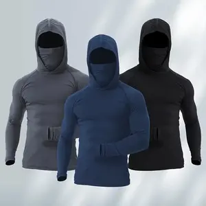 [Quick Dry Hoodies] 3 Men's Quick Drying Breathable Hoodies With Masks |         Long Sleeved T-shirt - And Autumn Compression Top - Enhance Your Workout
