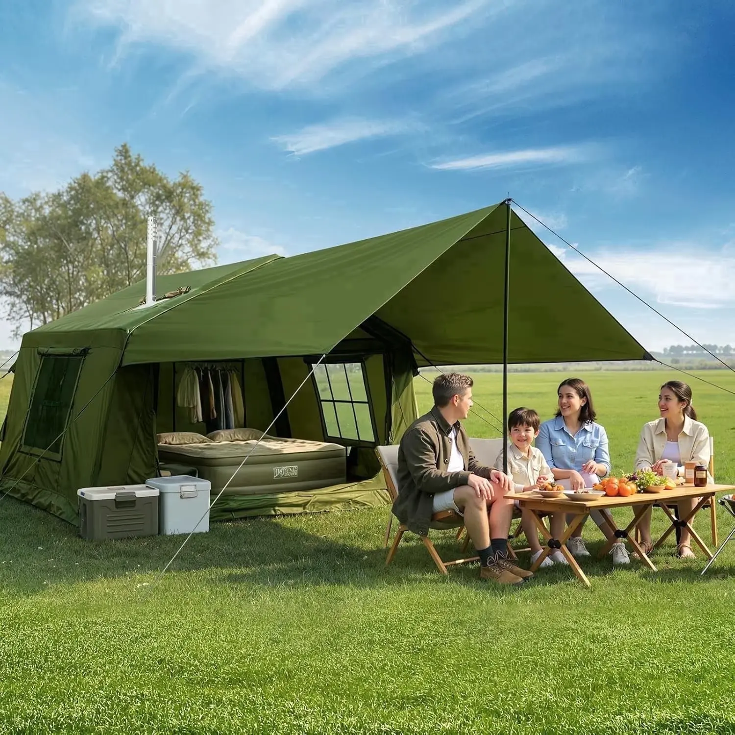 Inflatable tent for 4-6 people with canopy, size 10.5ft x 8.2ft x 6.9ft, with kitchen exhaust vent, easy to set up, includes hand pump, waterproof inflatable house for family camping, luxurious green color.