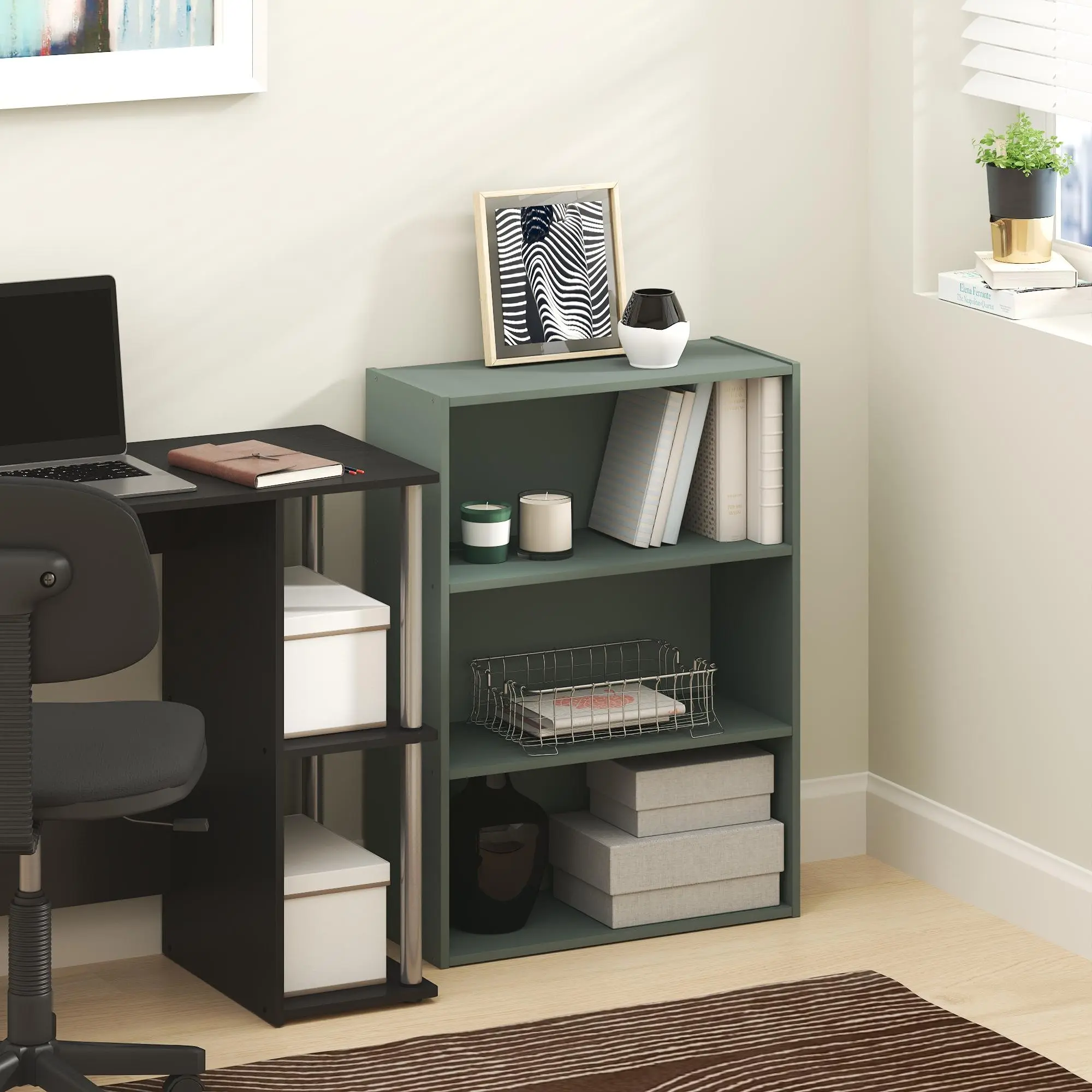 PASIR Bookcase, 3-Tier Bookshelf, Storage Shelves Bookcase, 9.7 x 23.7 x 31.5, for Living Room Bedroom Home Office, Sage Green