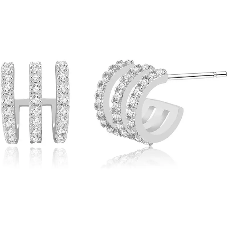 Faux Diamonds Triple Huggie Hoops-White Gold