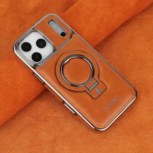 Premium Electroplated Magnetic Ring Holder Leather Stand - Protective Casing Cover for iPhone Hard Cases, 360-Degree Rotatable Protection Accessory, Compatible with iPhone 17 Pro Max, 16, 15, 14, 13 Pro, Ideal for Business Users, Father's Day Gift