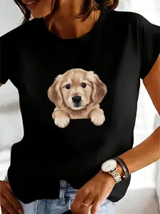 Women's Crew Neck Milk Silk T-Shirt Cute Golden Retriever Puppy Print, Multiple Colors Available, High Elasticity, Breathable Skin-Friendly, Machine Washable, Casual Versatile Soft Top for All Seasons & All Body Types Plus Daily Wear Style Cool Chic
