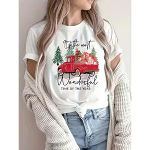 Women's Christmas Pattern T-Shirt - Vintage Truck and Gift Tree Design, "This is the Most Wonderful Time of the Year" Slogan, Breathable Crew Neck Casual Top, Machine Washable Holiday Gift Clothing, Christmas T-Shirt, Festive Style, Loose Fit