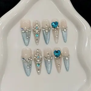 10pcs/bag Stiletto "Snow Queen" Ice Blue Cat's Eye French Zircon Full Diamond Shiny Palace Style Nail Patch,Elegant and Charming Long Manual Nail Patch, Suitable For Daily, Holiday and Banquet Wear, Glitter Base French Tip
