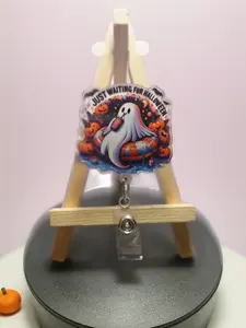 Just Waiting For Halloween Retractable Badge Reel with Acrylic Toppers for Nurses Medical Staff Office Staff Students Conventions