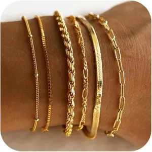 Gold Bracelets for Women , Jewelry Sets for Women Trendy Thin Dainty Stackable Cuban Link Paperclip Chain Bracelet Pack Fashion Accessories Gifts for Womens