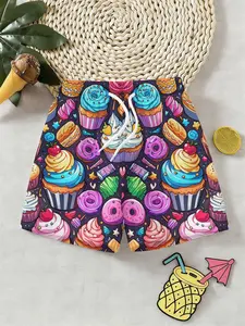 Boys Colorful Dessert Cake Donut 3D Beach Shorts, Summer Fun Food Wind Shorts, Outdoor Wear, Holiday Gift, Birthday Present