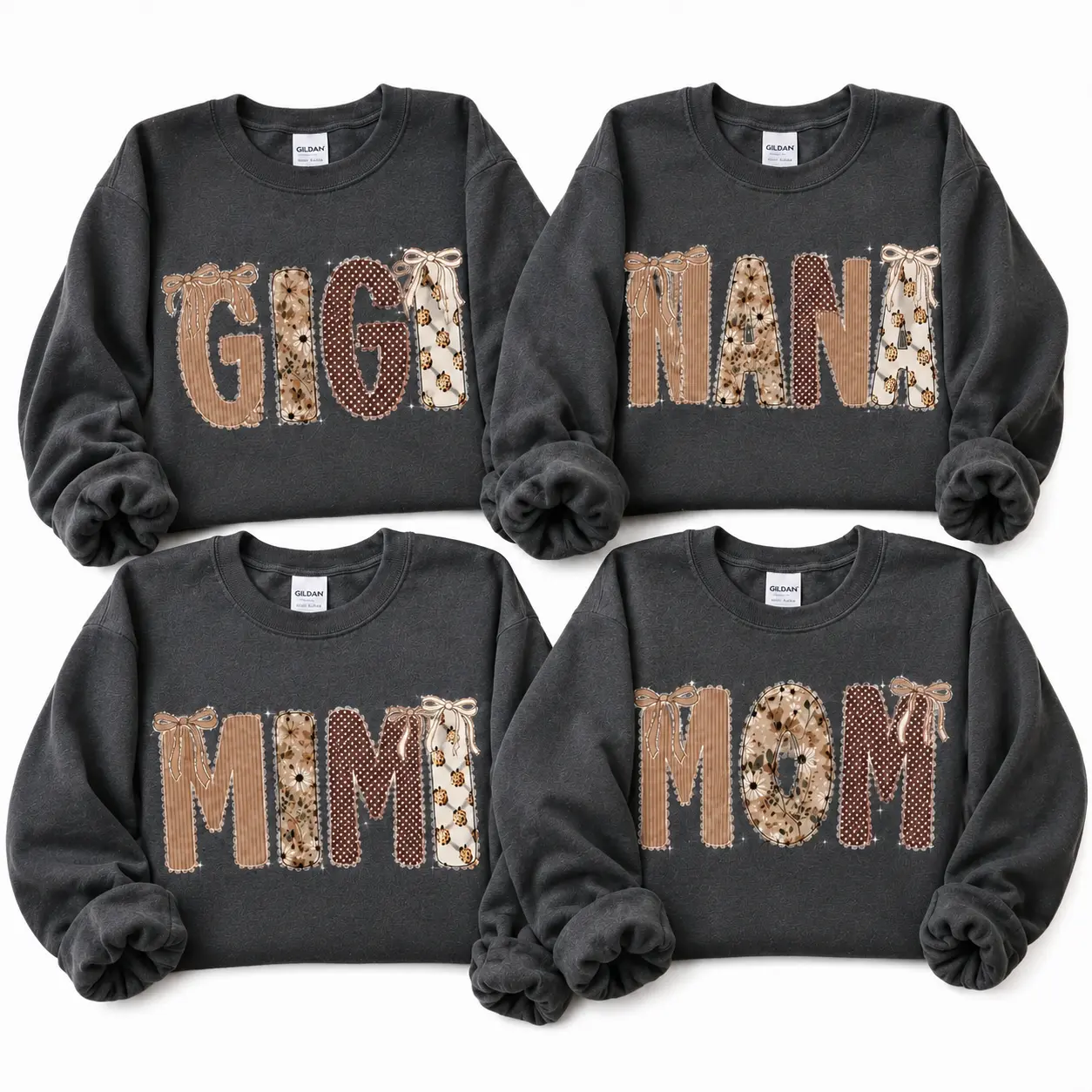 Custom Gigi Nana Mimi Mom Sweatshirt, Patchwork Bow Family Crewneck, Coquette Charcoal Shirt, Personalized Grandma Mama Gift for Women, Cute Fall Floral Family Sweatshirt