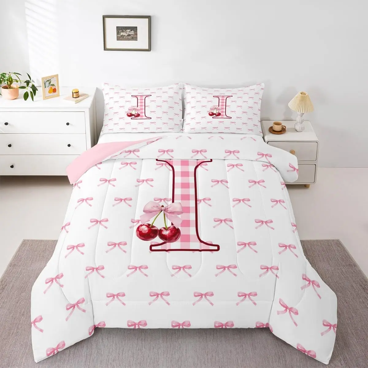 Feelyou Initial I Monogrammed Cherry Bowknot Microfiber Bed Set - Soft Warm Blanket, Buffalo Grid Tartan Duvet Insert, Breathable Princess Coquette Decorative Bedding Set for RV, Letter Accent, Multi-Size Queen/King for All Ages