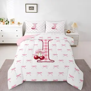 Cherry Bowknot Comforter Set,Initial I Letter Monogrammed Bedding Set,Dreamy Princess Coquette Decor Comforter,Buffalo Grid Tartan Duvet Insert