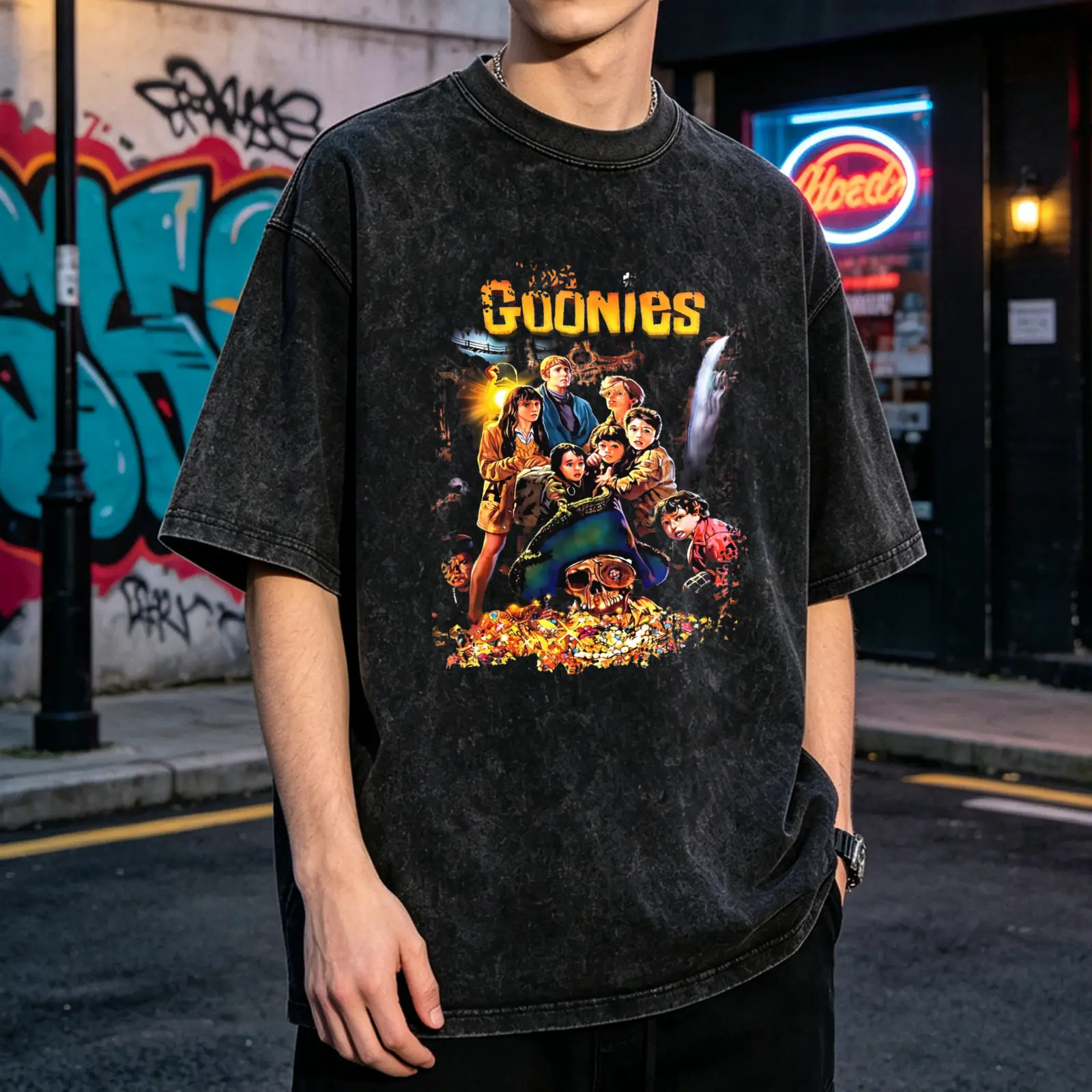 Men's The Goonies Vintage Washed Movie Graphic Tshirt - Multi-Size Menswear Top, Round Neck, Short Sleeve, Breathable Soft, Relaxed Cut Oversized Tee for Day Outdoor, Watch Party Wear (Hand Wash Cool)