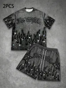 Men's American High Street/Y2K Style Rhinestone Flame Print Sport Set, Sporty Style Clothes, 2-Piece, Loose Fit T-Shirt, Drawstring Shorts, Comfortable