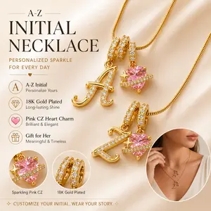 A-Z Initial Heart Necklace for Women, 18K Gold Plated Letter Pendant with Pink Cubic Zirconia, Snake Chain Choker Jewelry Gift for Girls