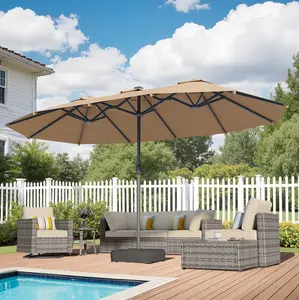 【 Monochrome Lighted Umbrella】XIZZI 15ft Large Patio Umbrella with Solar Lights and Rectangle Base, Double-Sided Outdoor Market Warm Lighted Umbrella Suitable for Party and Barbecue in the Backyard and Garden or near the Pools