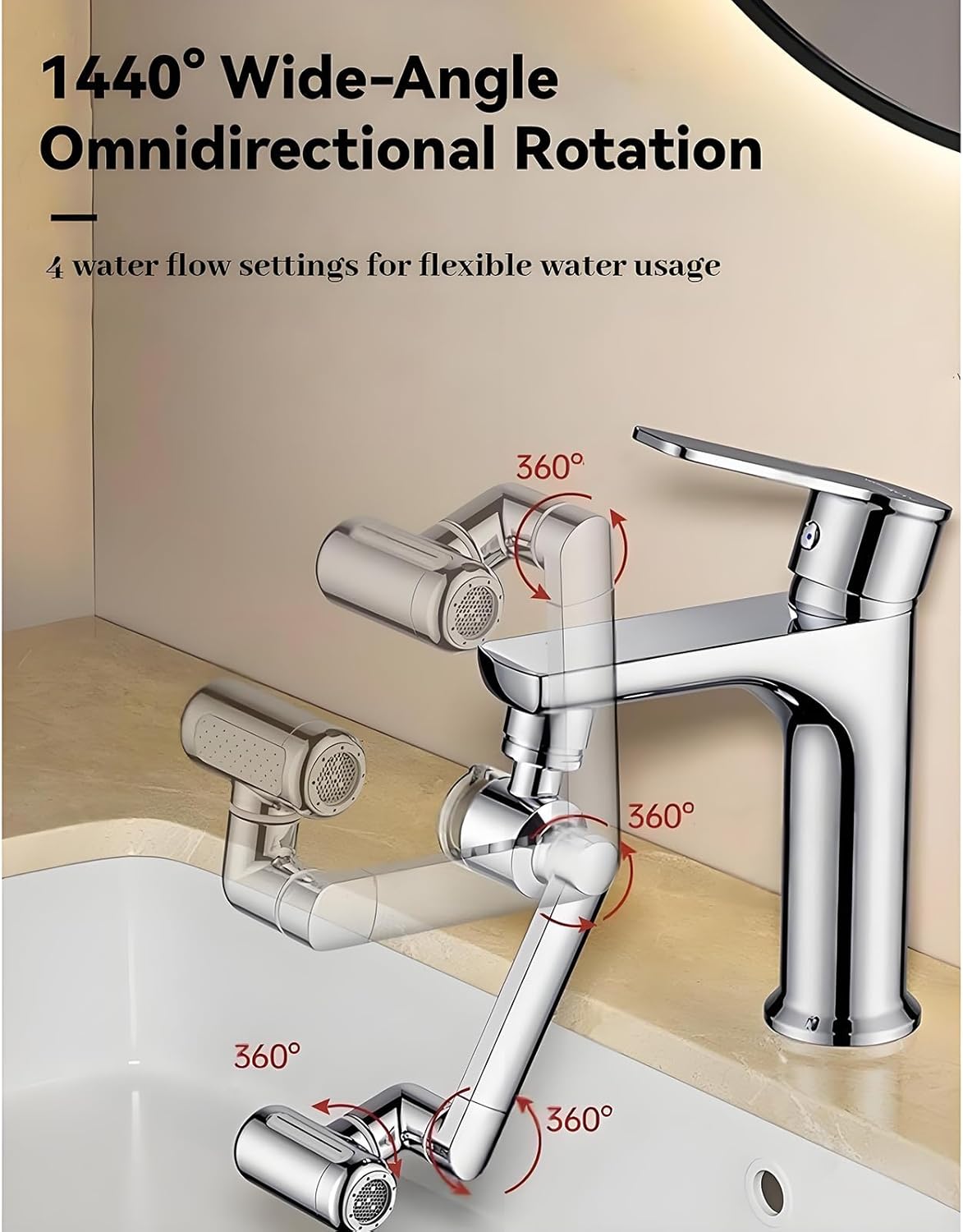1080°Swivel Faucet Extender, Sink Water Faucet Aerator Extension in Brass, Swivel Robotic Arm Bathroom Faucet Extender, Kitchen Rotating Extension Filter with 4 Mode Splash