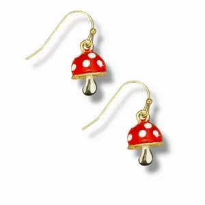Mushroom Enamel Earrings - Lead Nickel & Cadmium Free Hand Painted Gold Tone Metal Red Enamel Toadstool Wonderland Jewelry Hand Painted Gold Red Black White Coloring
