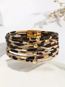 Vintage Multi-Layer Leather Leopard Print Open Stackable Bracelet, Fashion Simple Elegance Wristband, Luxurious High-Quality Versatile Jewelry for Women