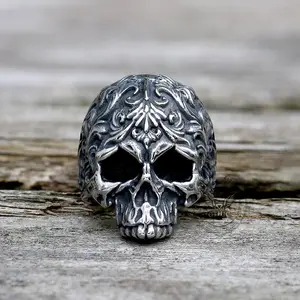 GTHIC Vintage Floral Pattern Skull Head Stainless Steel Ring for Men Women Biker Jewelry Father's Day Gift