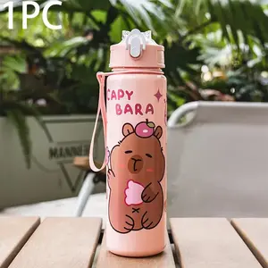 Cute Cartoon Capybara Print Water Bottle, Durable Anime Sports Flask with Straw Lid, Leakproof Tumbler for Outdoor & Backpack Carry