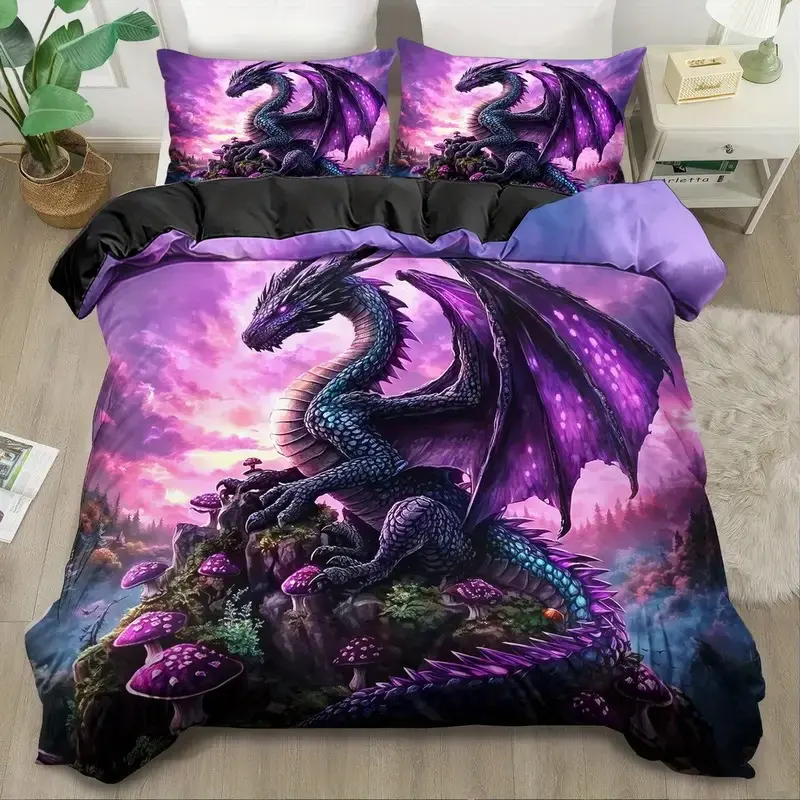 Magic Dragon Print Bedding Set, Decorative Bedding Set, Soft Breathable Polyester Fabric, All-Season Use, Includes 1 Fitted Sheet + 2 Pillowcases