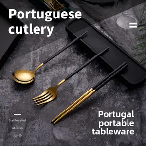 Stainless steel Portuguese cutlery convenient student spoon, fork, and chopsticks three-piece set travel storage gift set