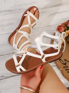 New Summer Women's Hollow Out Tie-Strap Roman Sandals, Boho Style Metal Decor Flat Sandals, Beach Vacation Non-Slip Soft Sole Shoes, Strappy Summer Sandals
