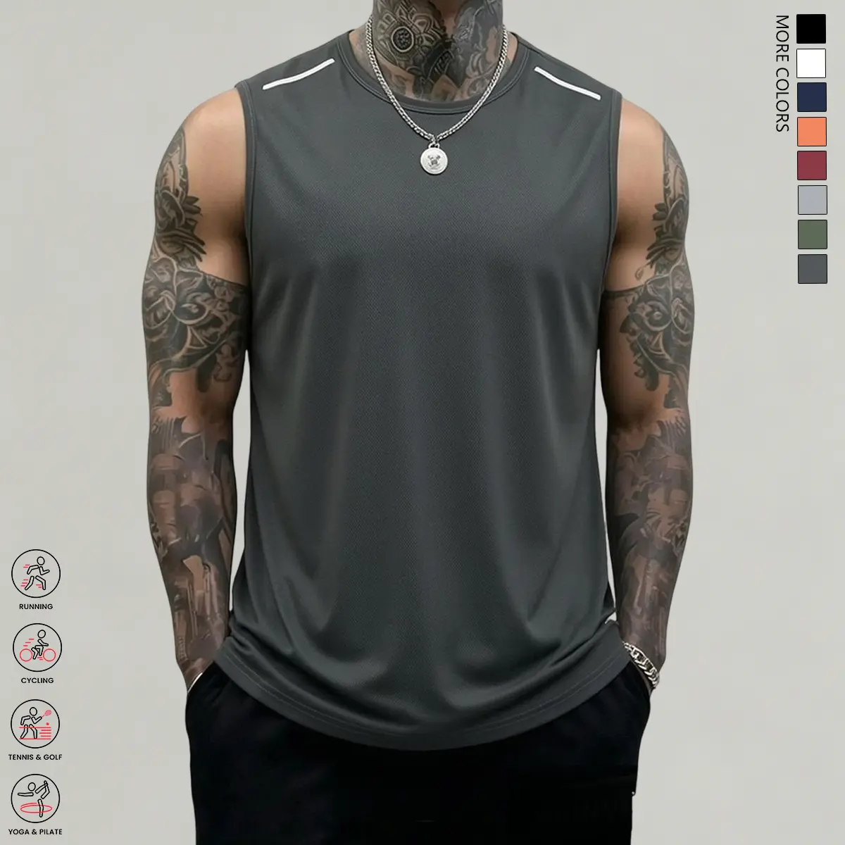 Men’s Twill Fiber Reflective Strip Tank Top - Breathable, Quick-Dry, Lightweight Sleeveless Fitness Apparel for Gym, Running, Sport Casual Wear, Tank Tops, Reflective Strips