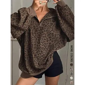 Women Casual Zip Up Front Corduroy Long Sleeve Leopard Print Sweatshirt,Fall Clothes