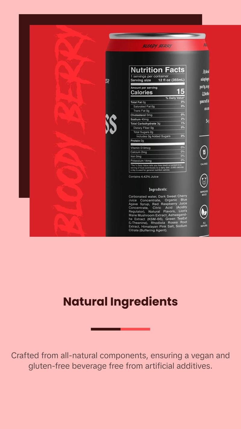 Bloody Berry 4-pack Adaptogens + Nootropics Sparkling Elixir All Natural