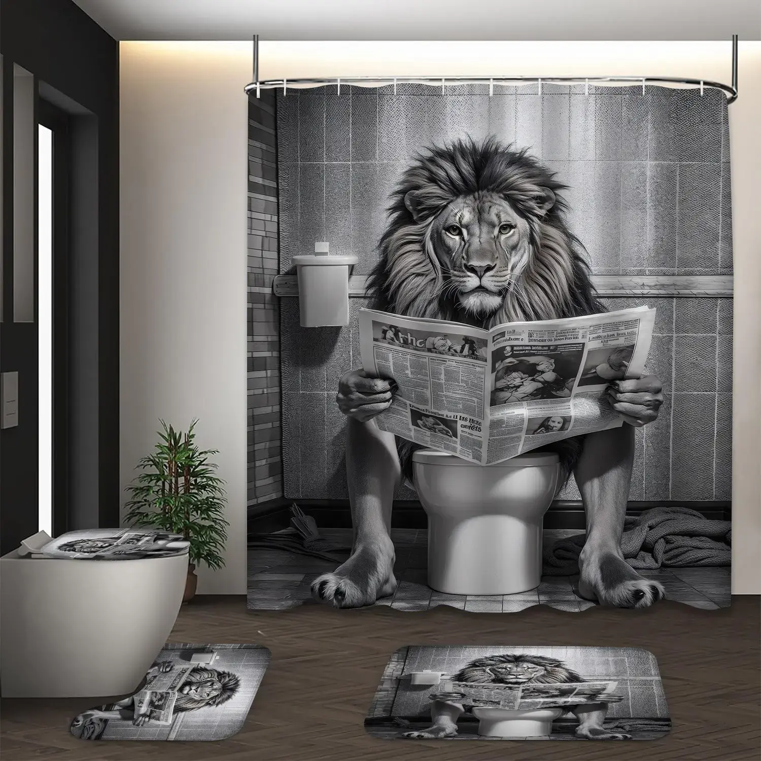 4pcs Lion Reading Newspaper Humorous Bathroom Set with Shower Curtain, Bath Rugs and Hooks - 70.8"×70.8" (180×180cm) Bathroom Decoration Accessories Shower Curtain Sets