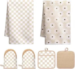6 Pcs Beige Checkered Silicone Kitchen Decor Set Include Gingham Boho Dish Towel Cute Silicone Oven Mitts and Pot Holder Farmhouse Kitchen Gadget for Cooking Baking Grilling