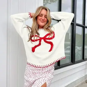 Women classy tops fashion outfits lounge wear  Christmas bow Long Sleeve Drop Shoulder Pullover Knitwear Womenswear Casual Crewneck Fitted