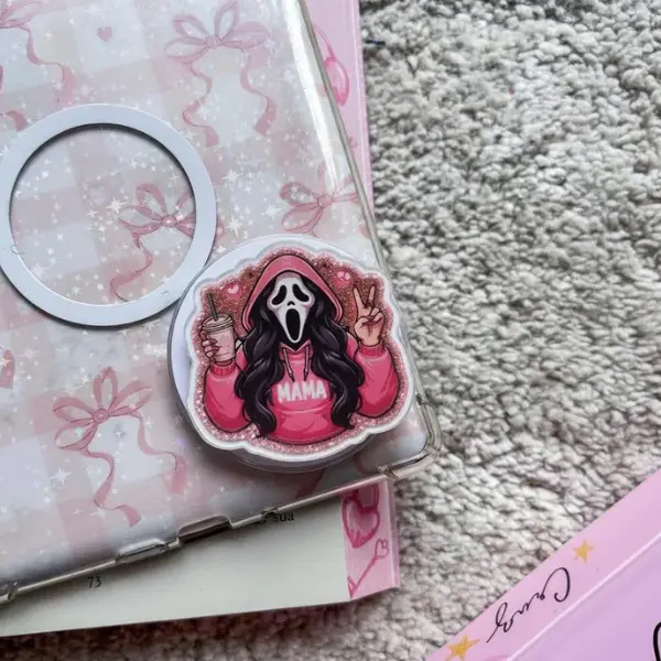 Coquette Ghost Mama MagSafe Phone Grip Cute Spooky Pink Aesthetic Magnetic Phone Holder, Halloween Funny Mom Gift, Phone or Kindle Popgrip mount
