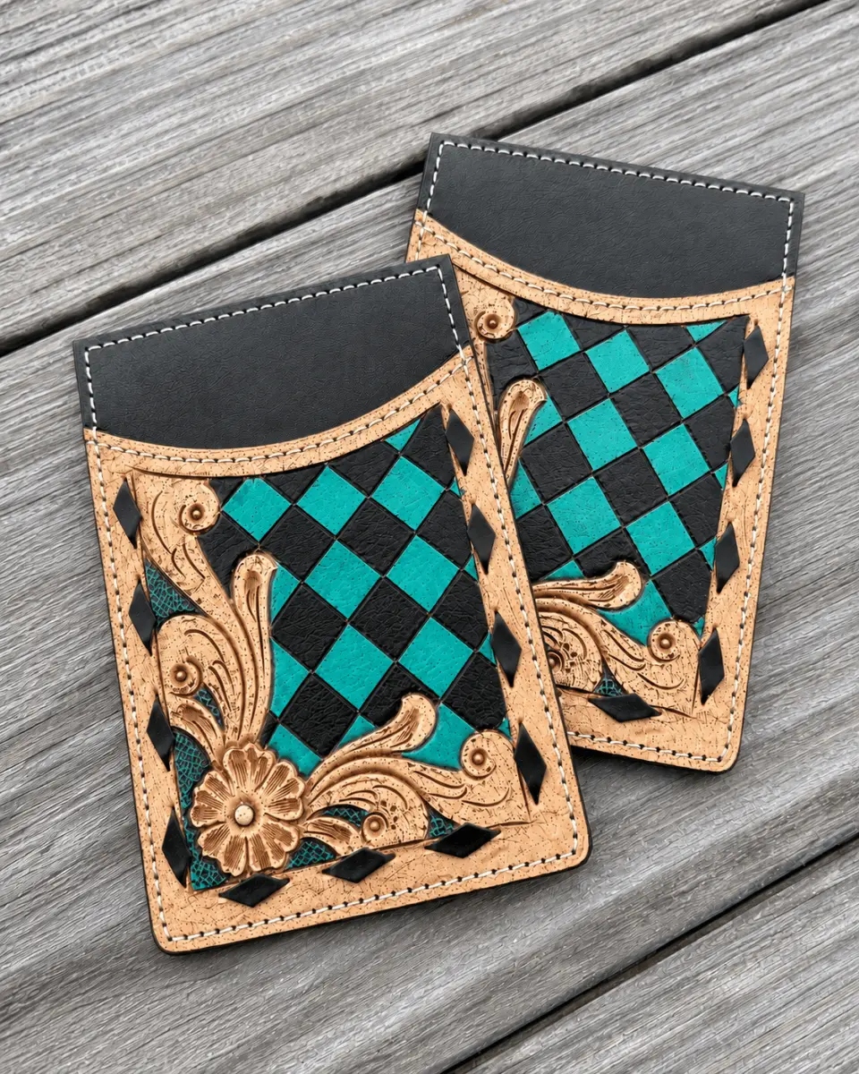 Hadley Checkered Leather Card Holder in Turquoise and Black by Countryside Co.